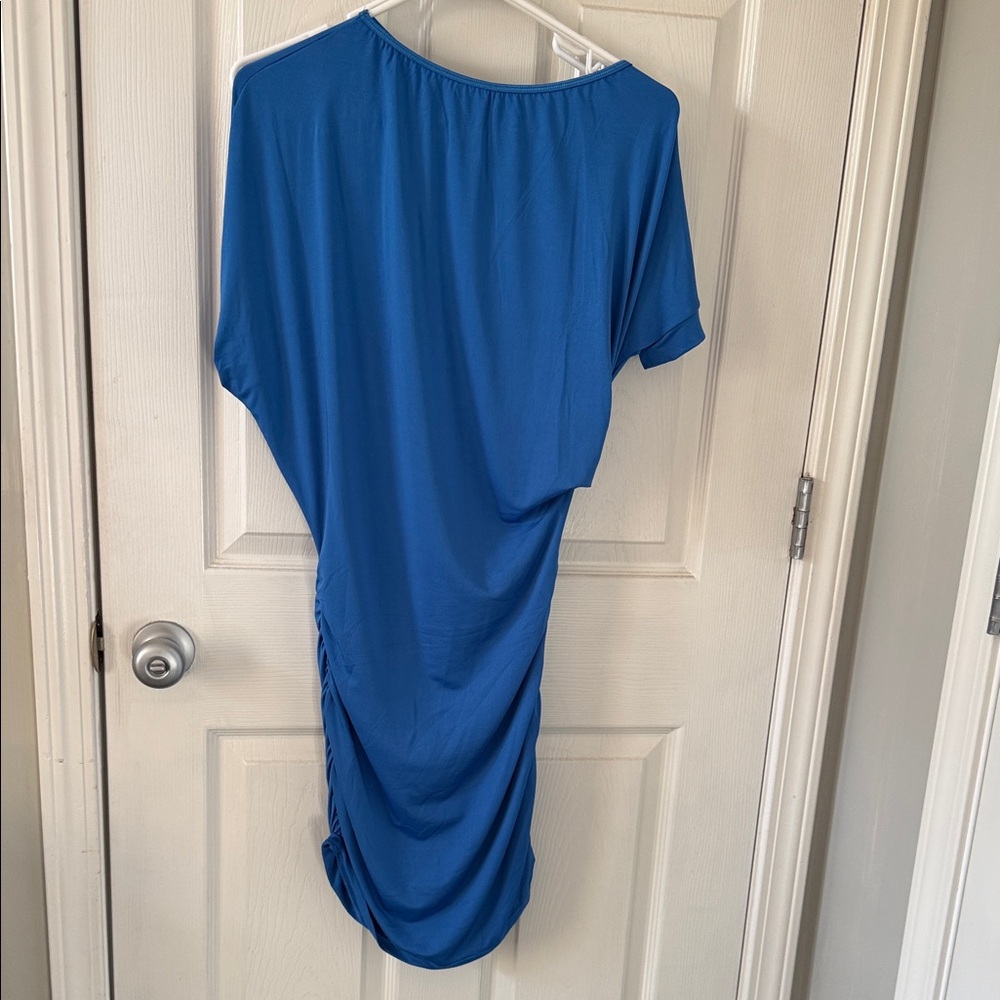 Rainbow One-Shoulder Ruched Midi Dress in Royal Blue